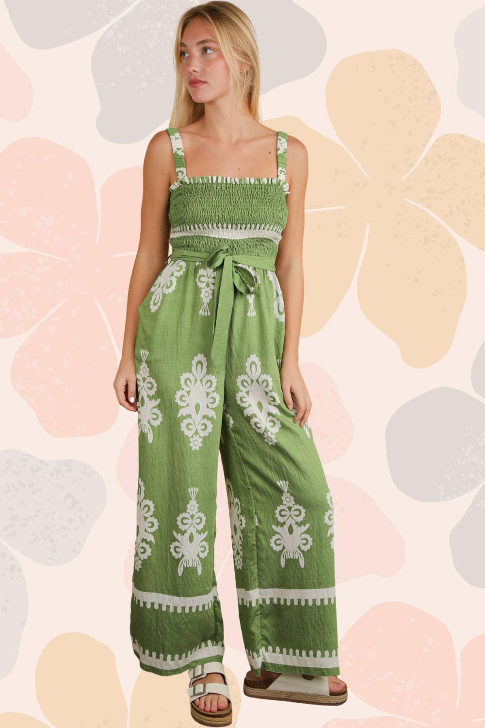 Boho Printed Smocking Detail Jumpsuit