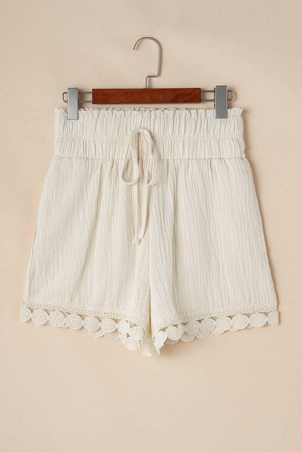 Textured Frilled Knotted High Waist Lace Hem Shorts: Beige / Missy / S