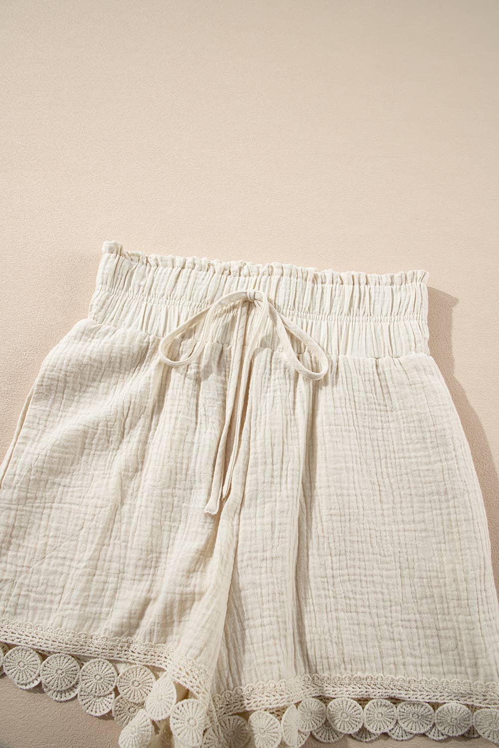 Textured Frilled Knotted High Waist Lace Hem Shorts: Beige / Missy / S