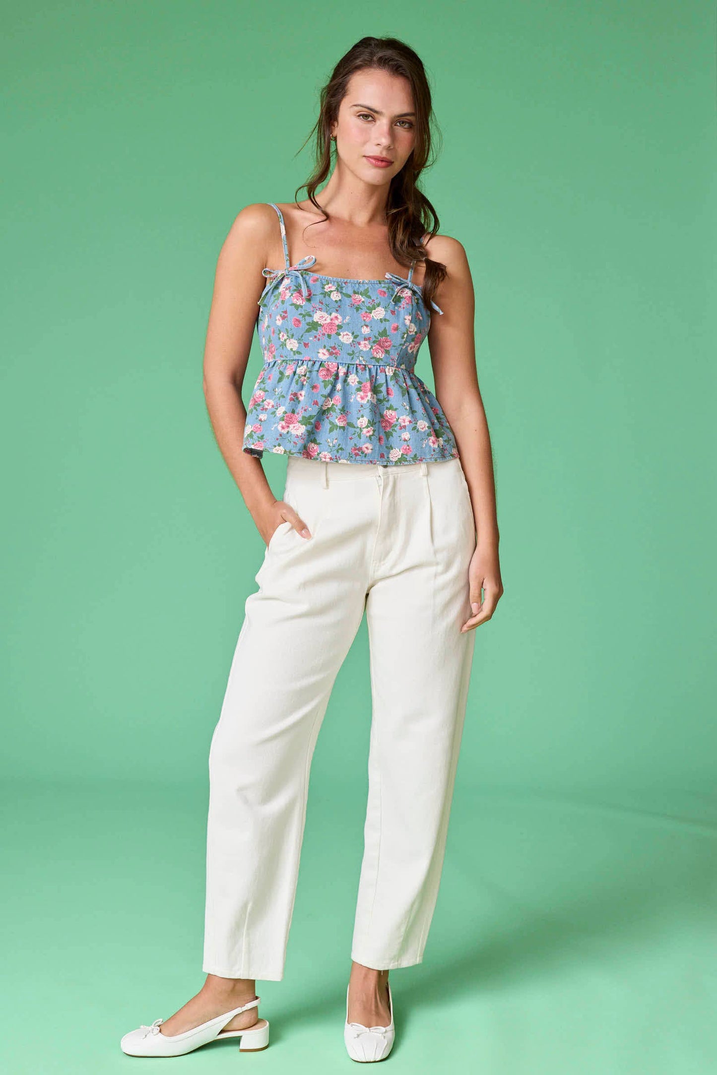 Audrey Printed Denim Bow Top