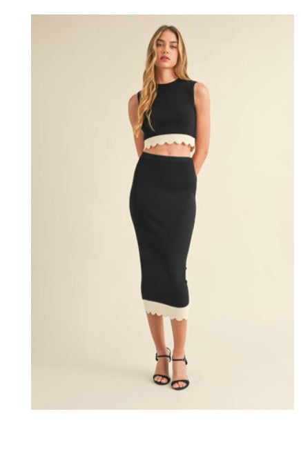 Scallop Trim Knit 2 pc Skirt and Top Set