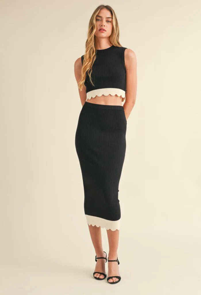 Scallop Trim Knit 2 pc Skirt and Top Set