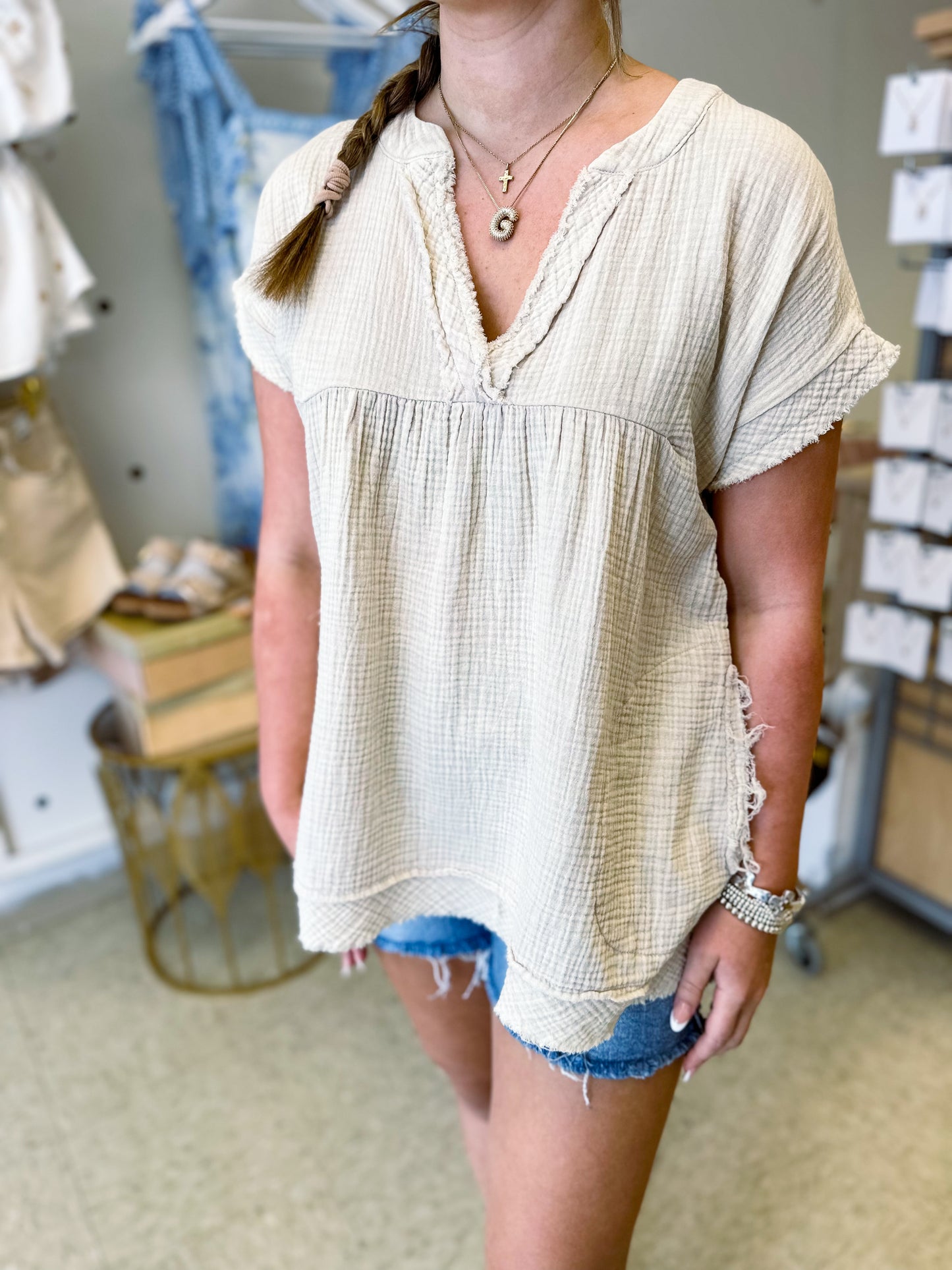 Beige Washed Gauze Top
