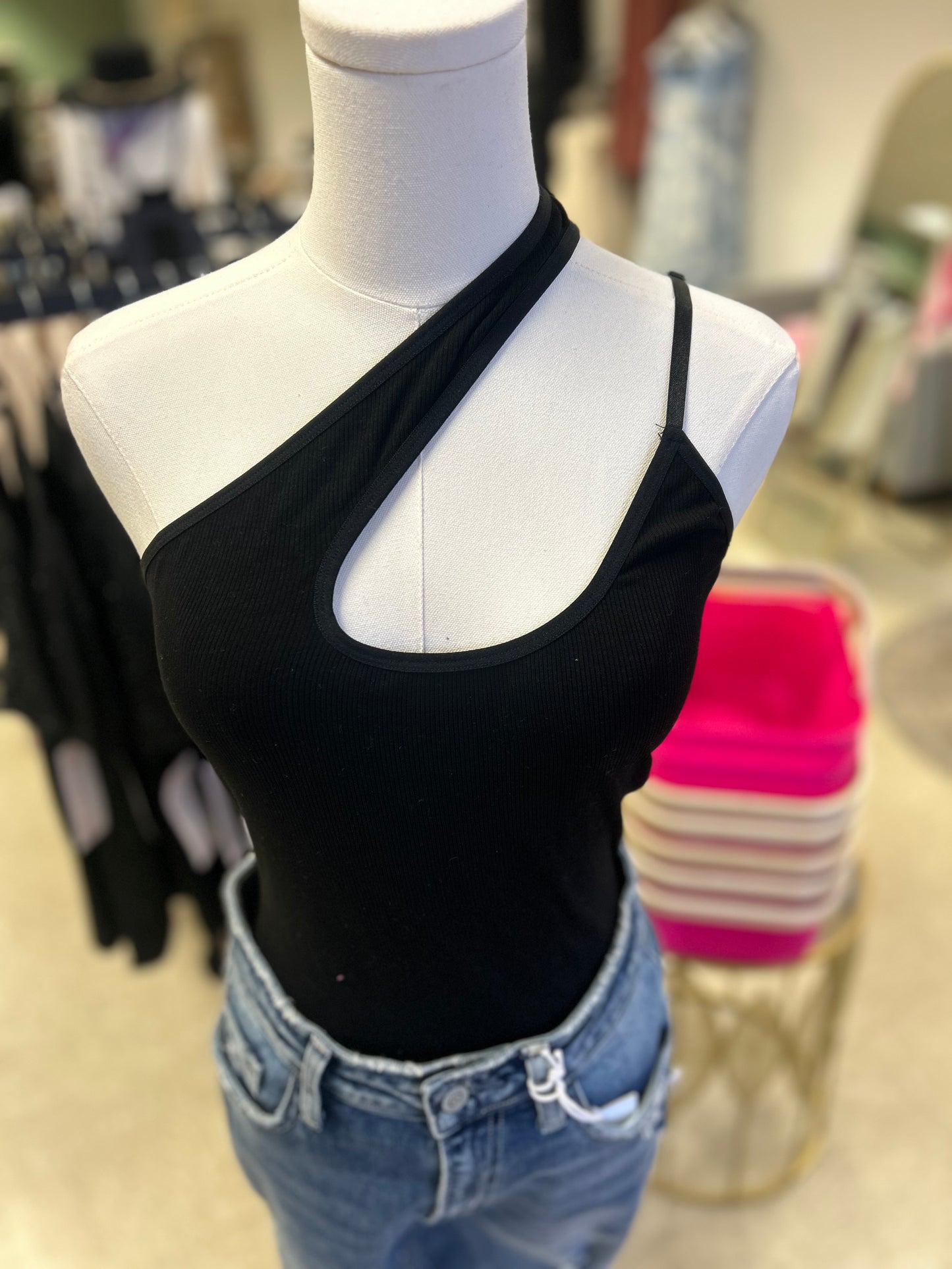 One Shoulder Sleeveless Bodysuit - Black