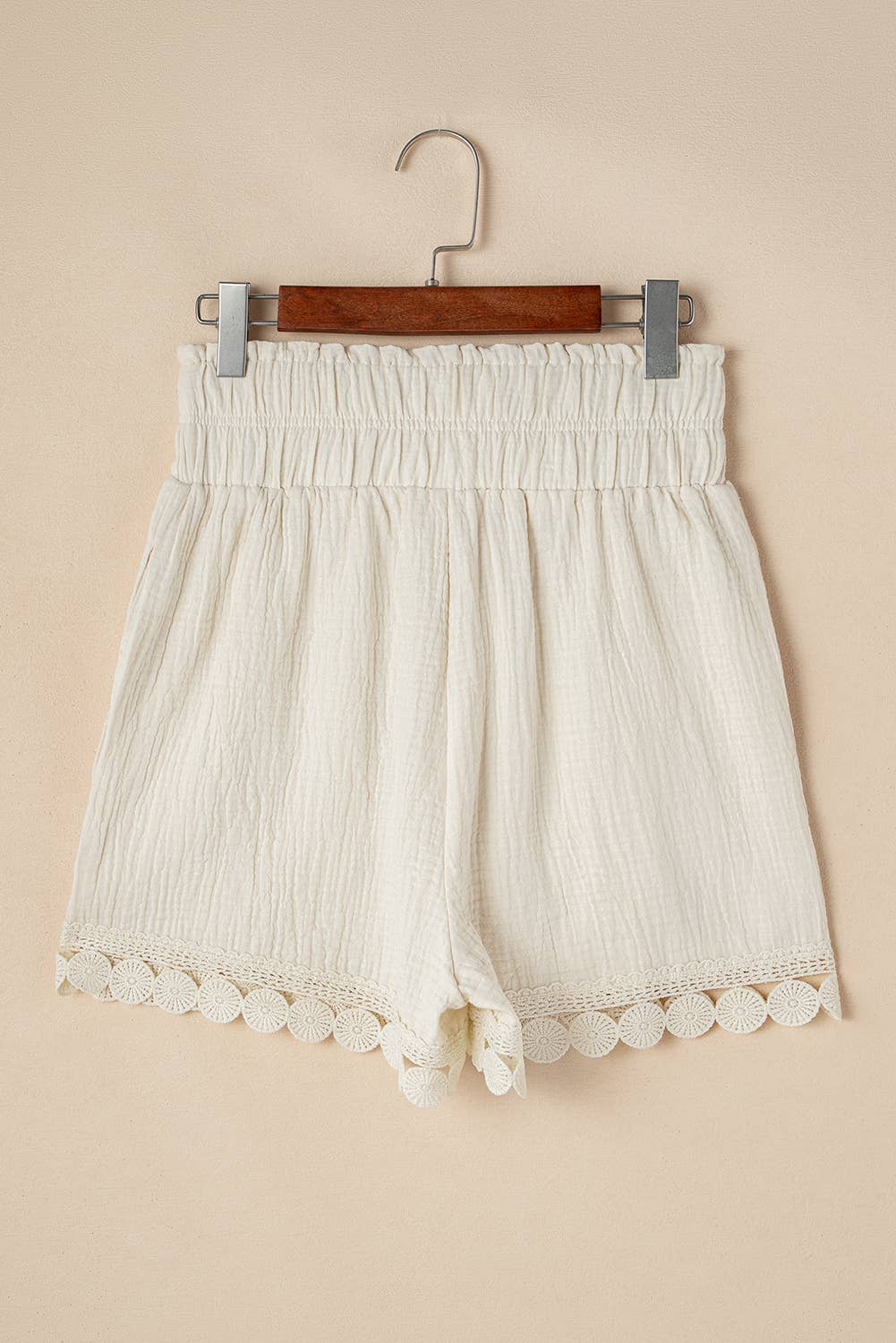 Textured Frilled Knotted High Waist Lace Hem Shorts: Beige / Missy / S