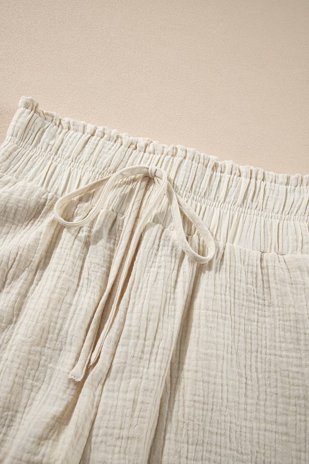 Textured Frilled Knotted High Waist Lace Hem Shorts: Beige / Missy / S