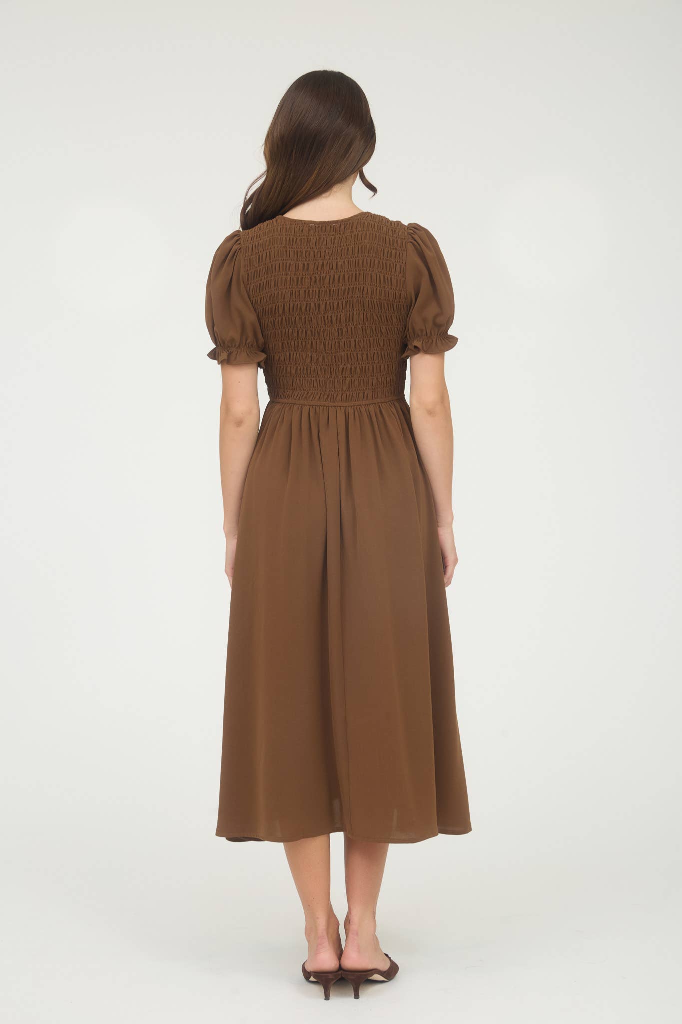 V NECK FRONT TIE SMOCKED PUFF SLEEVE MIDI DRESS: NAVY