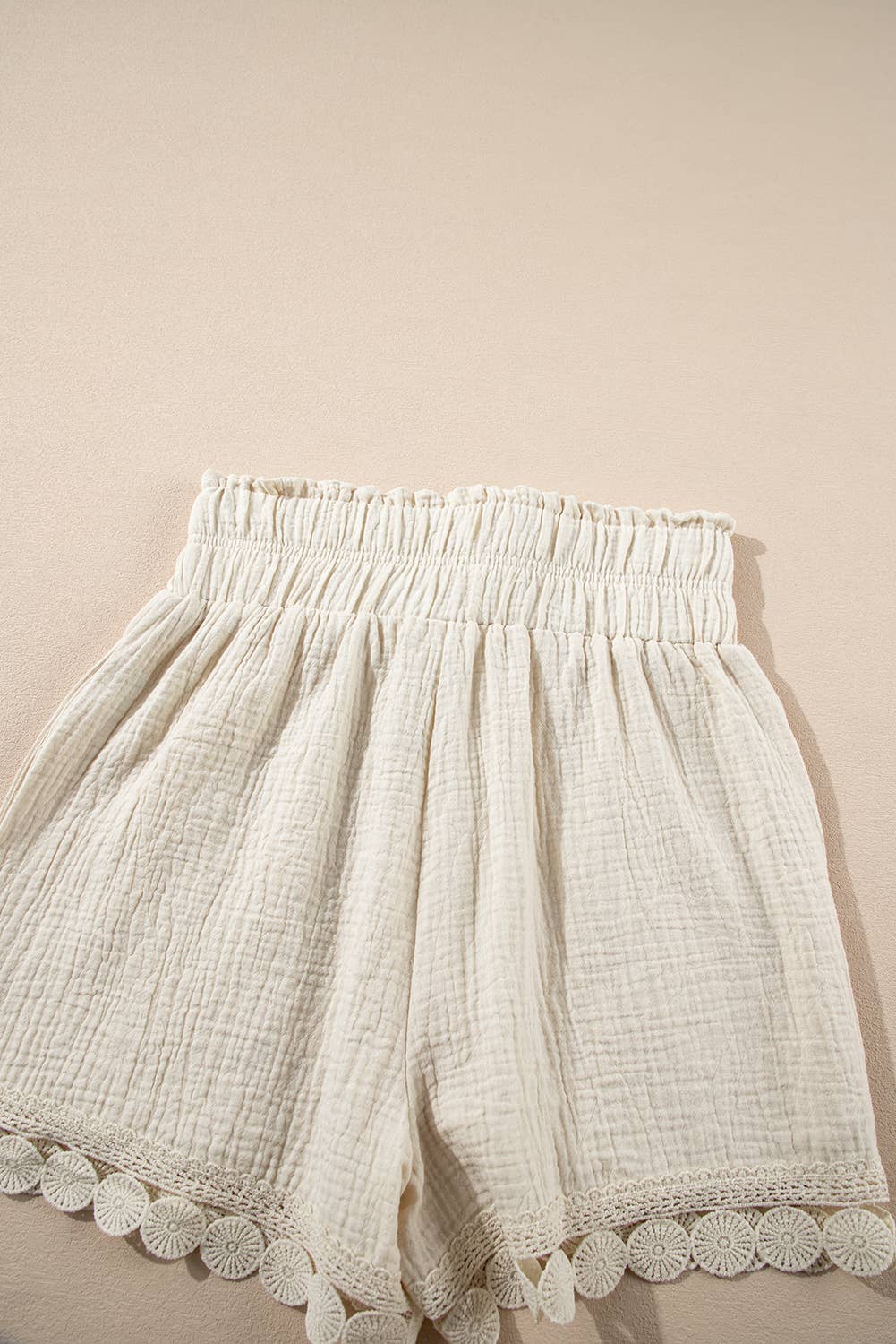 Textured Frilled Knotted High Waist Lace Hem Shorts: Beige / Missy / S