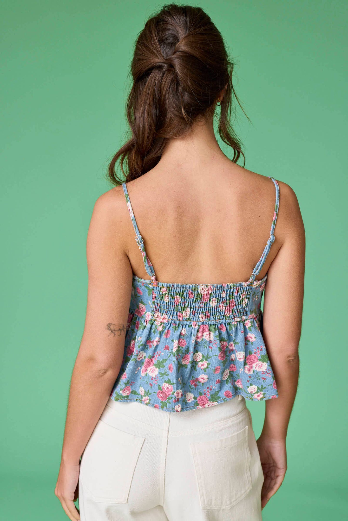 Audrey Printed Denim Bow Top