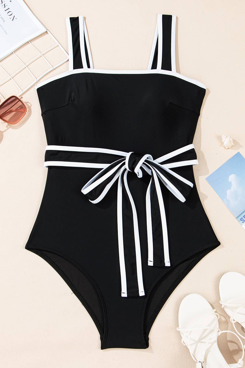 Colorblock Edge Belted High Waist One Piece Swimsuit: Black / Missy / XL