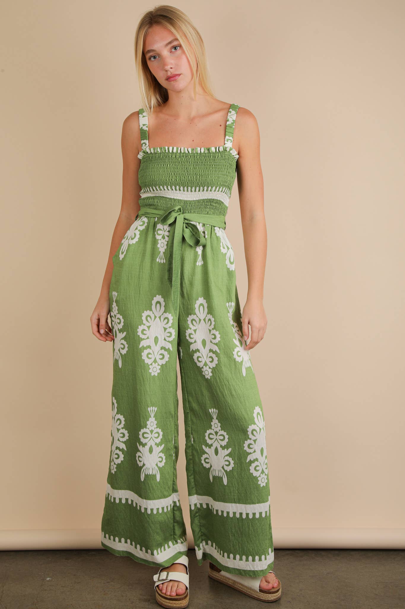 Boho Printed Smocking Detail Jumpsuit