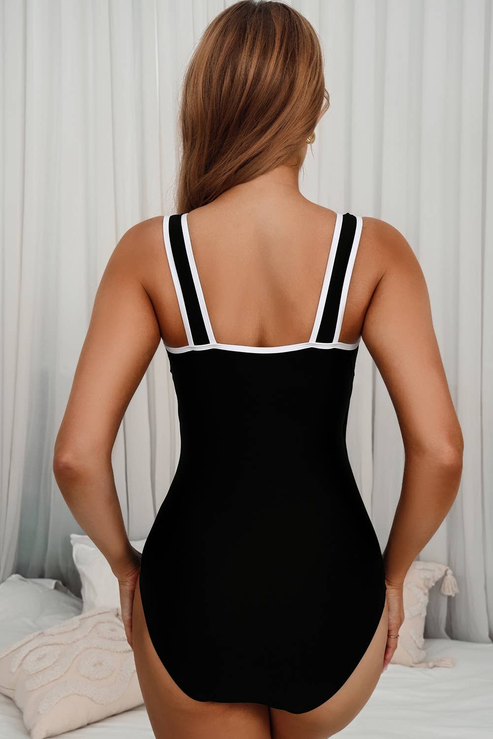 Colorblock Edge Belted High Waist One Piece Swimsuit: Black / Missy / XL