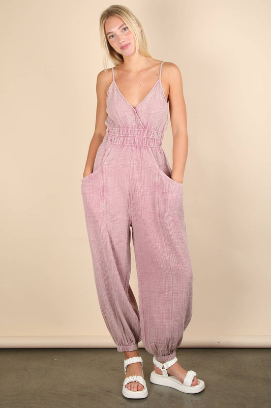 Mineral Washed Cotton Gauze Casual Jumpsuit: MAUVE