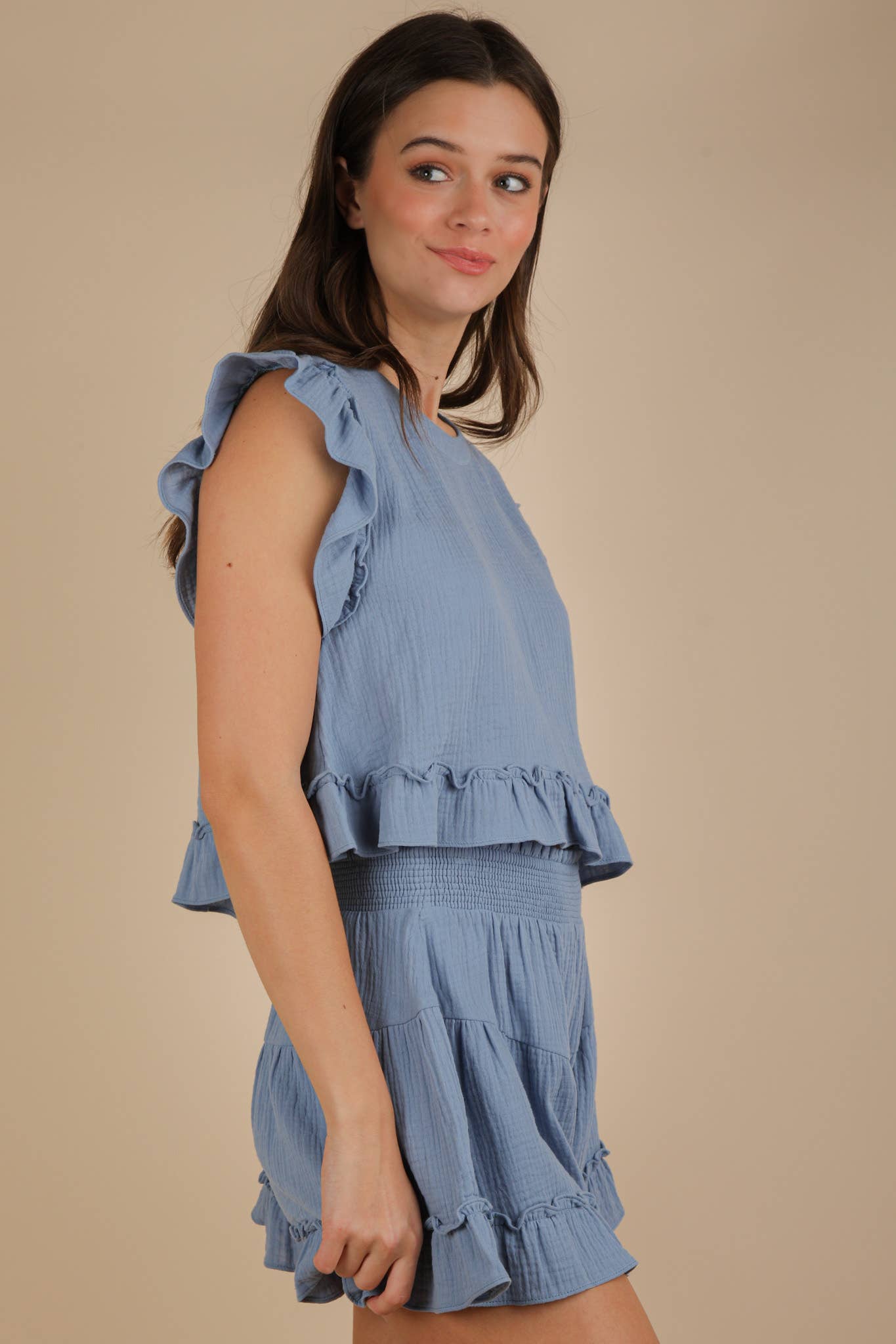 Ruffled Solid Woven Top & Shorts Set