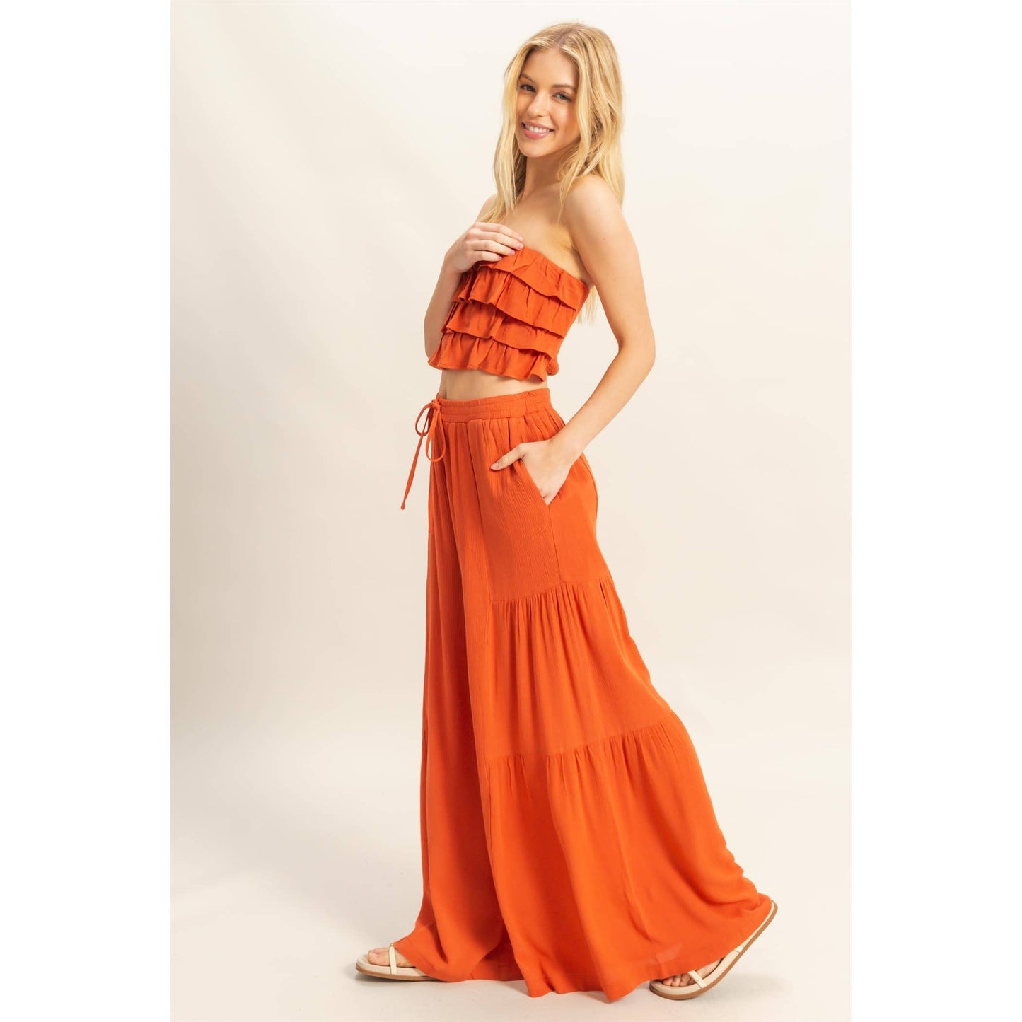 Ruffle Top Flowy Pants Set: RUST