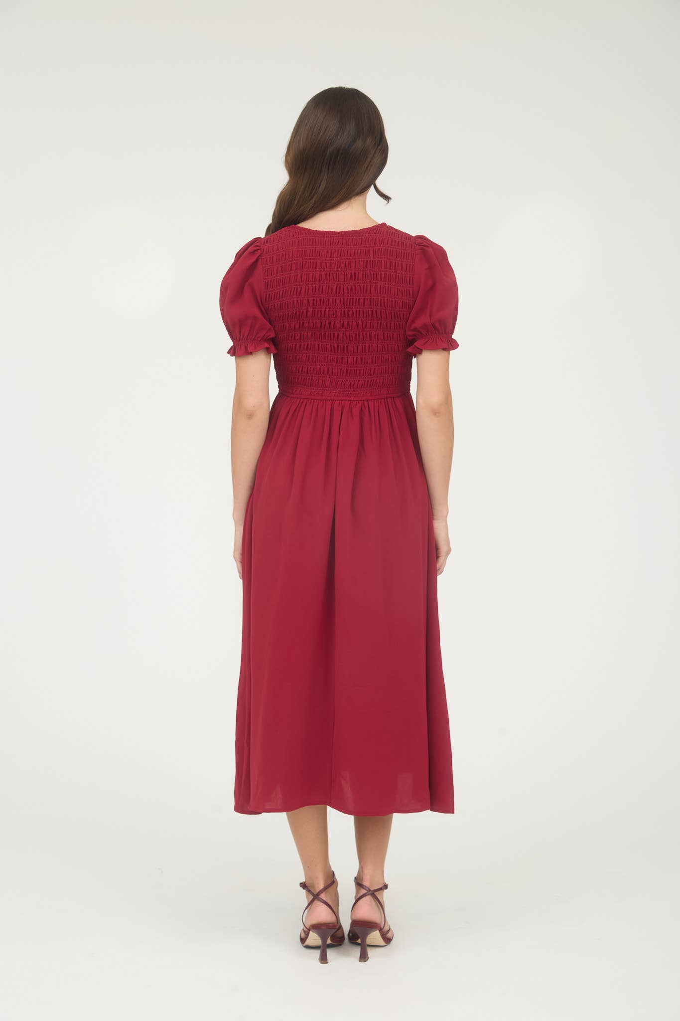 V NECK FRONT TIE SMOCKED PUFF SLEEVE MIDI DRESS: NAVY