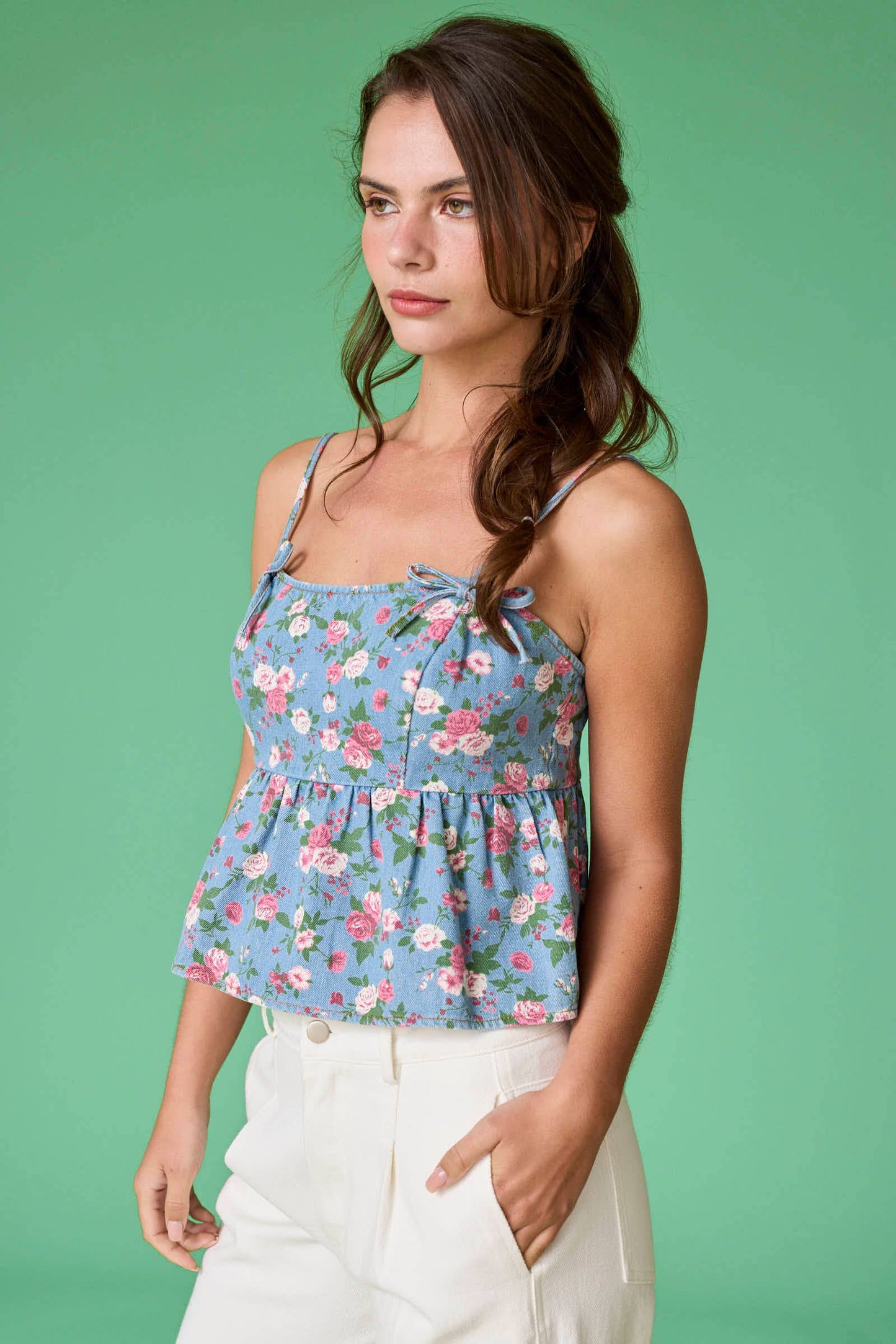 Audrey Printed Denim Bow Top