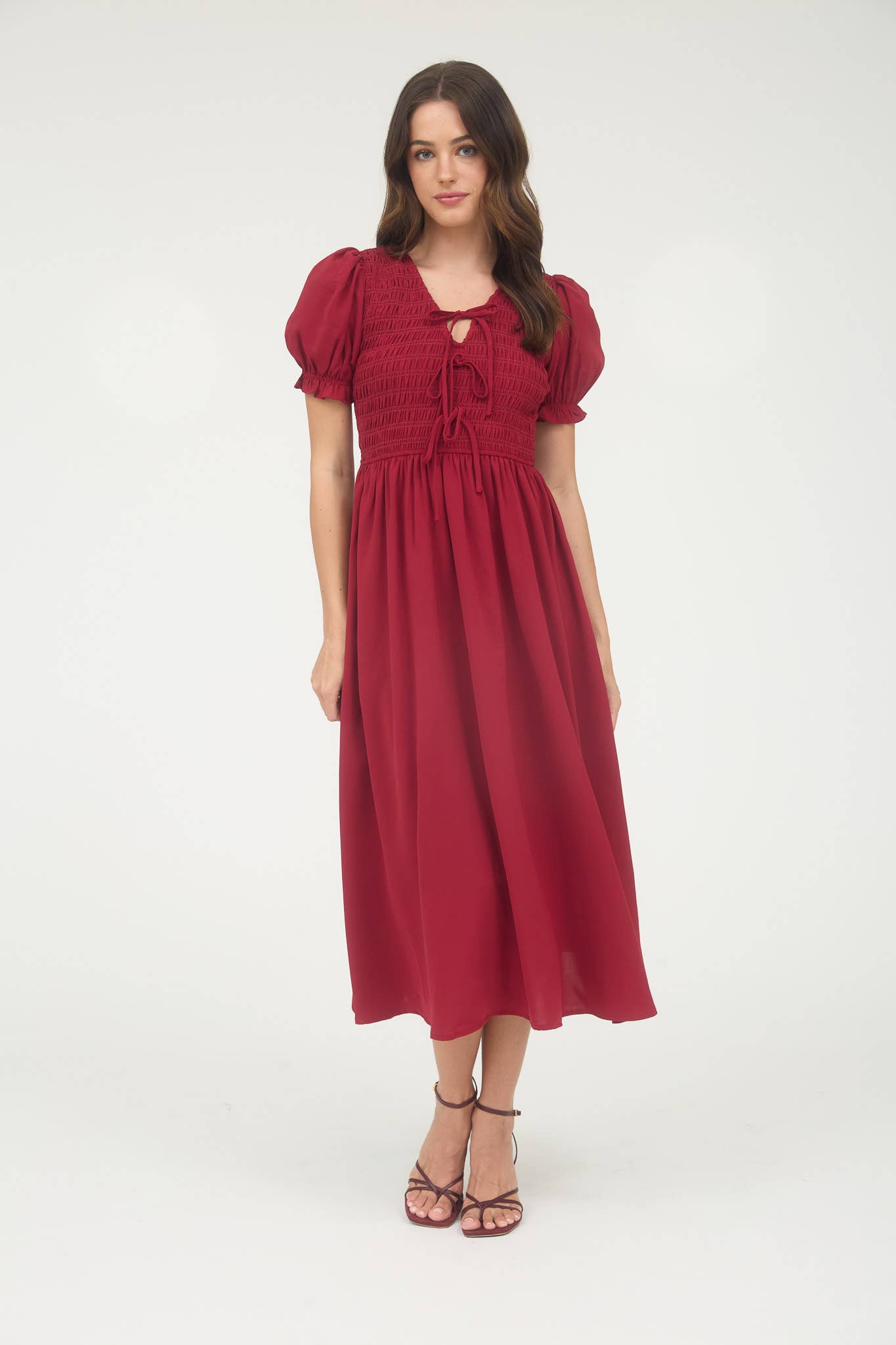 V NECK FRONT TIE SMOCKED PUFF SLEEVE MIDI DRESS: NAVY