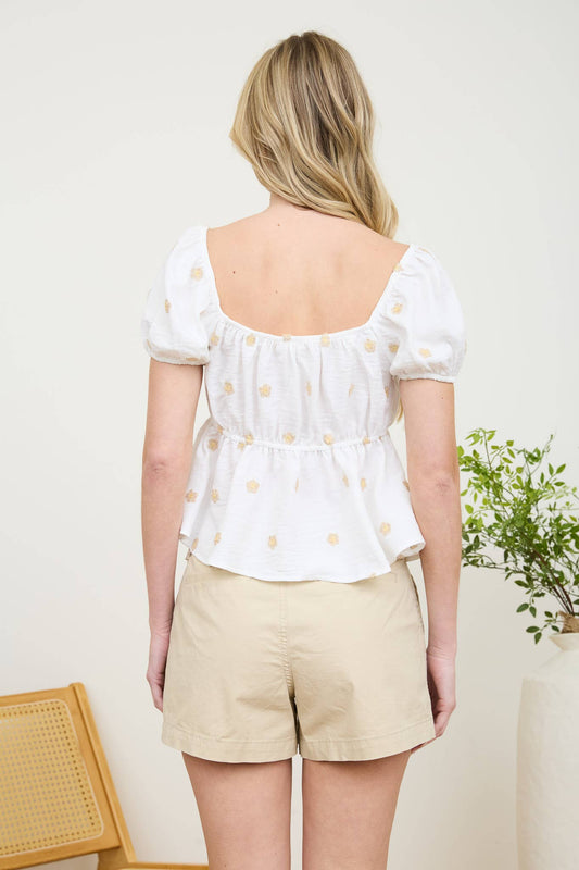 Embroidered Daisy Puff Top