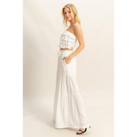 Ruffle Top Flowy Pants Set:WHITE