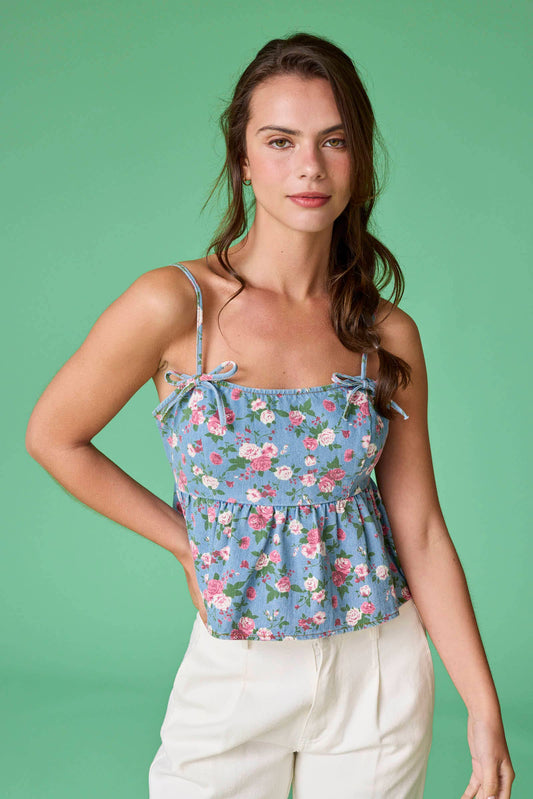 Audrey Printed Denim Bow Top