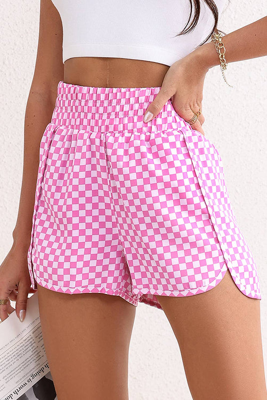 Pink Plaid High Waist Athletic Shorts: Pink / Missy / S
