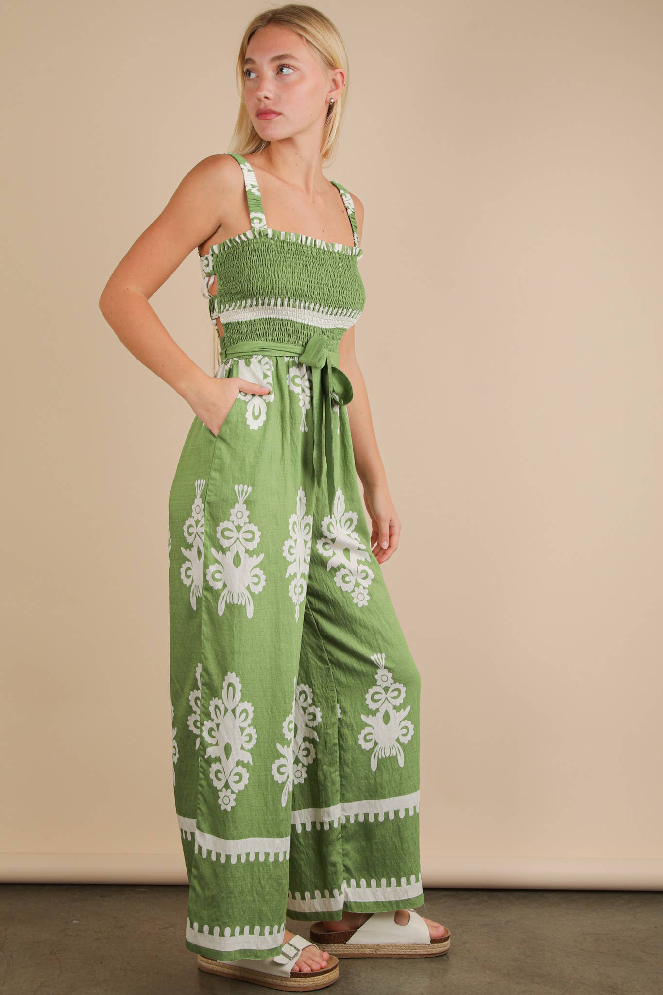 Boho Printed Smocking Detail Jumpsuit