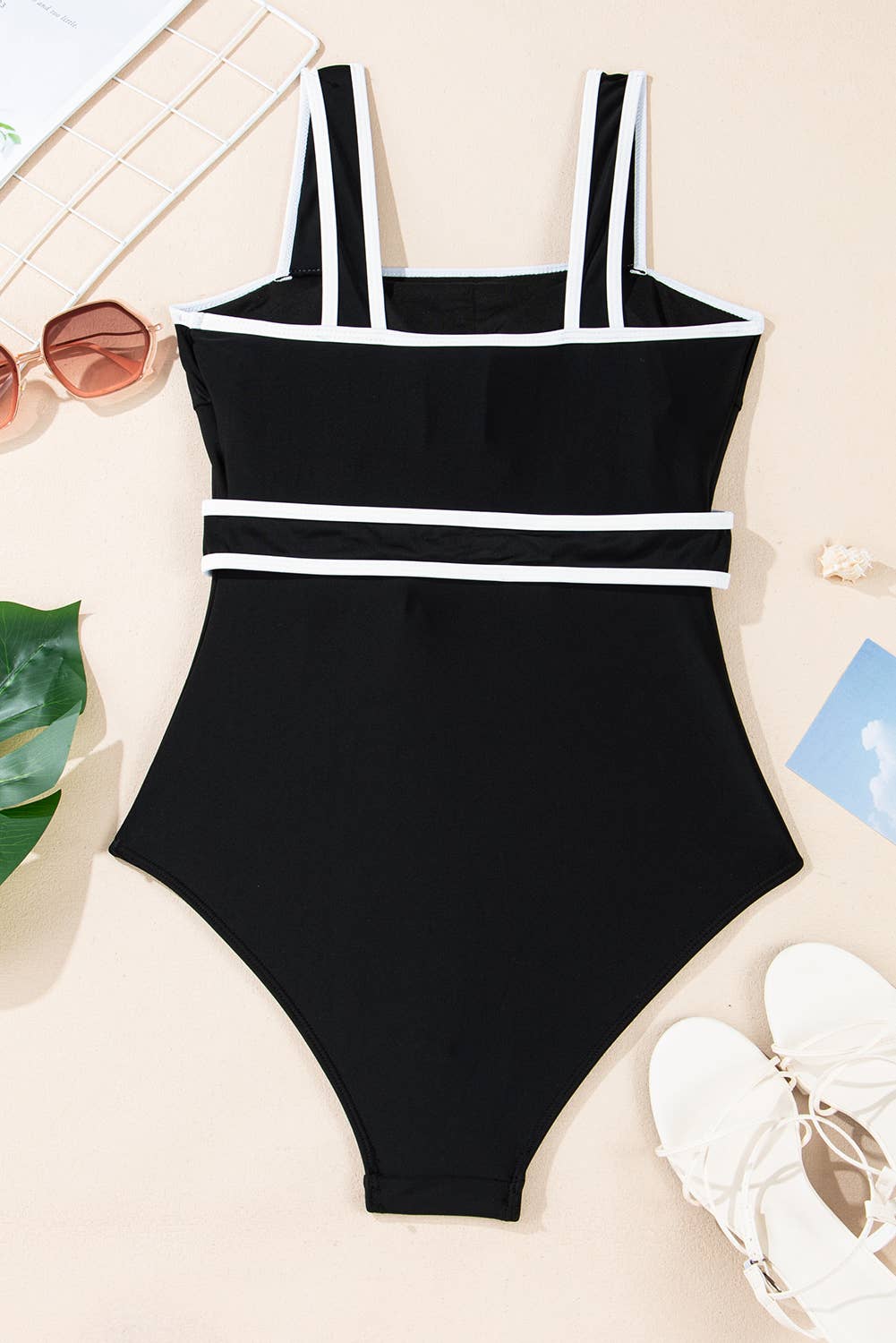 Colorblock Edge Belted High Waist One Piece Swimsuit: Black / Missy / XL
