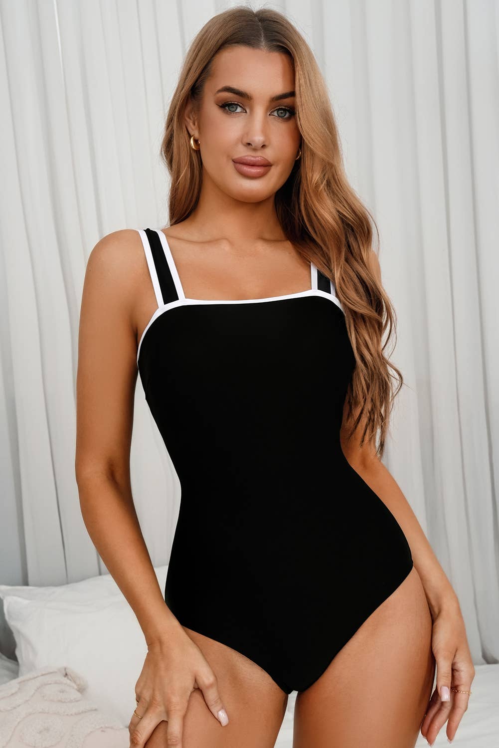 Colorblock Edge Belted High Waist One Piece Swimsuit: Black / Missy / S