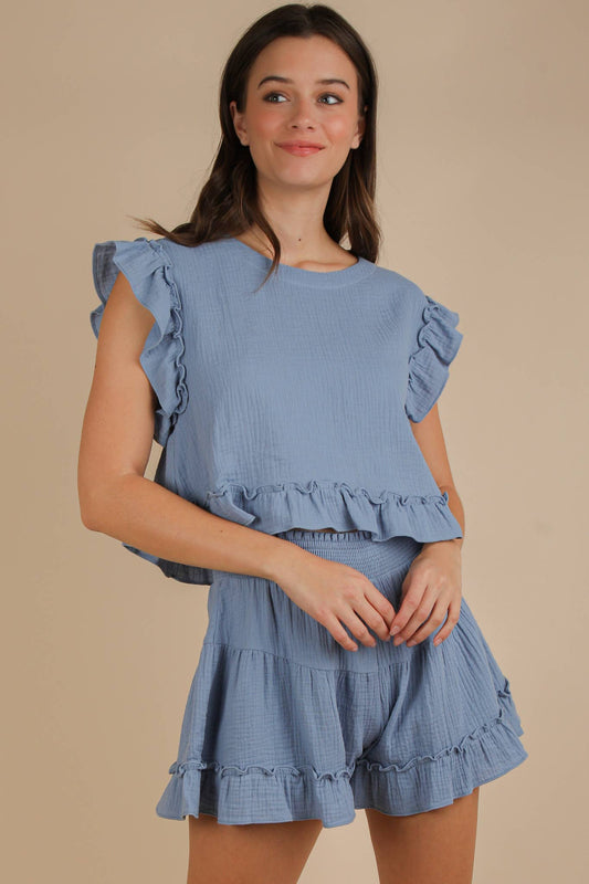 Ruffled Solid Woven Top & Shorts Set