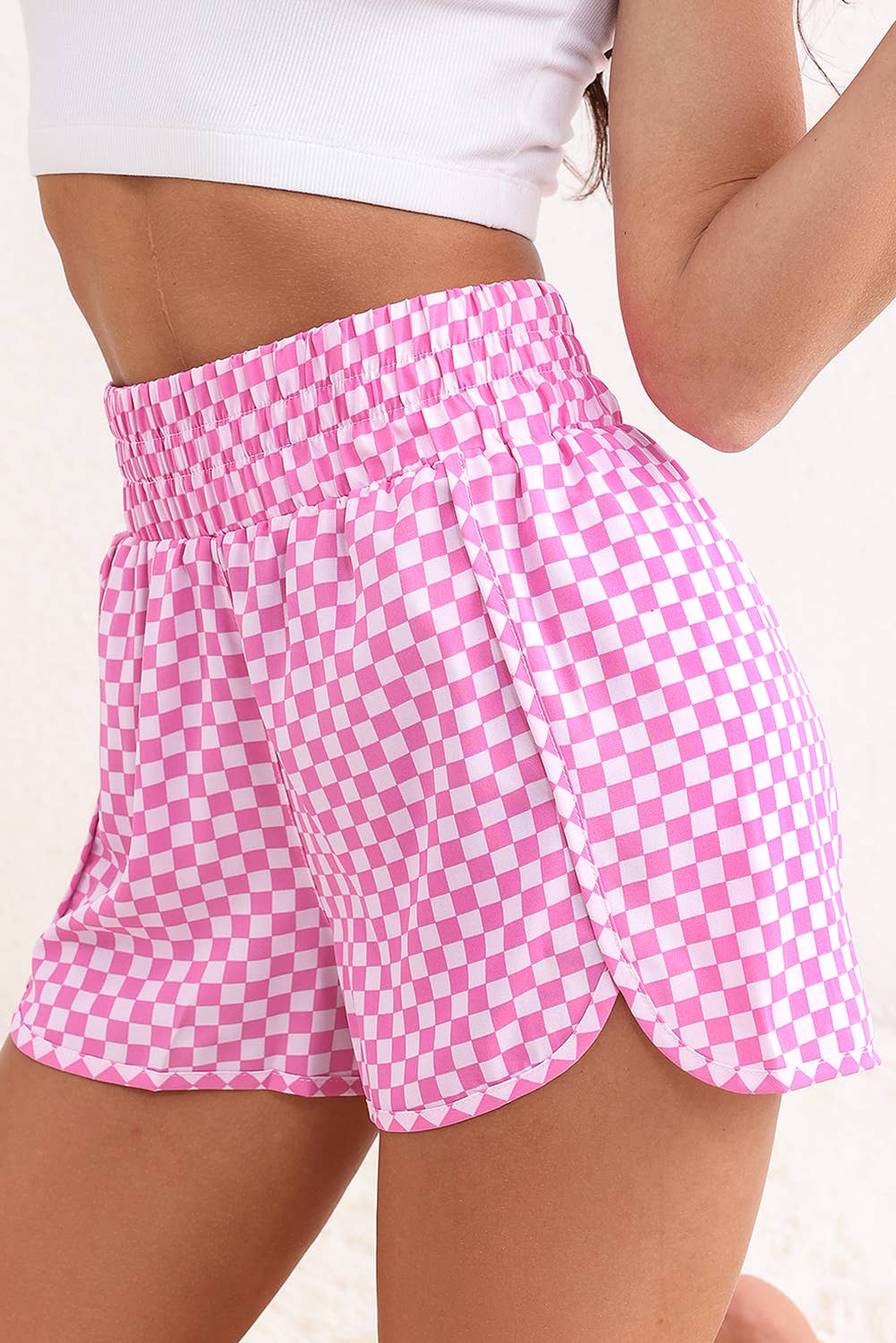 Pink Plaid High Waist Athletic Shorts: Pink / Missy / S