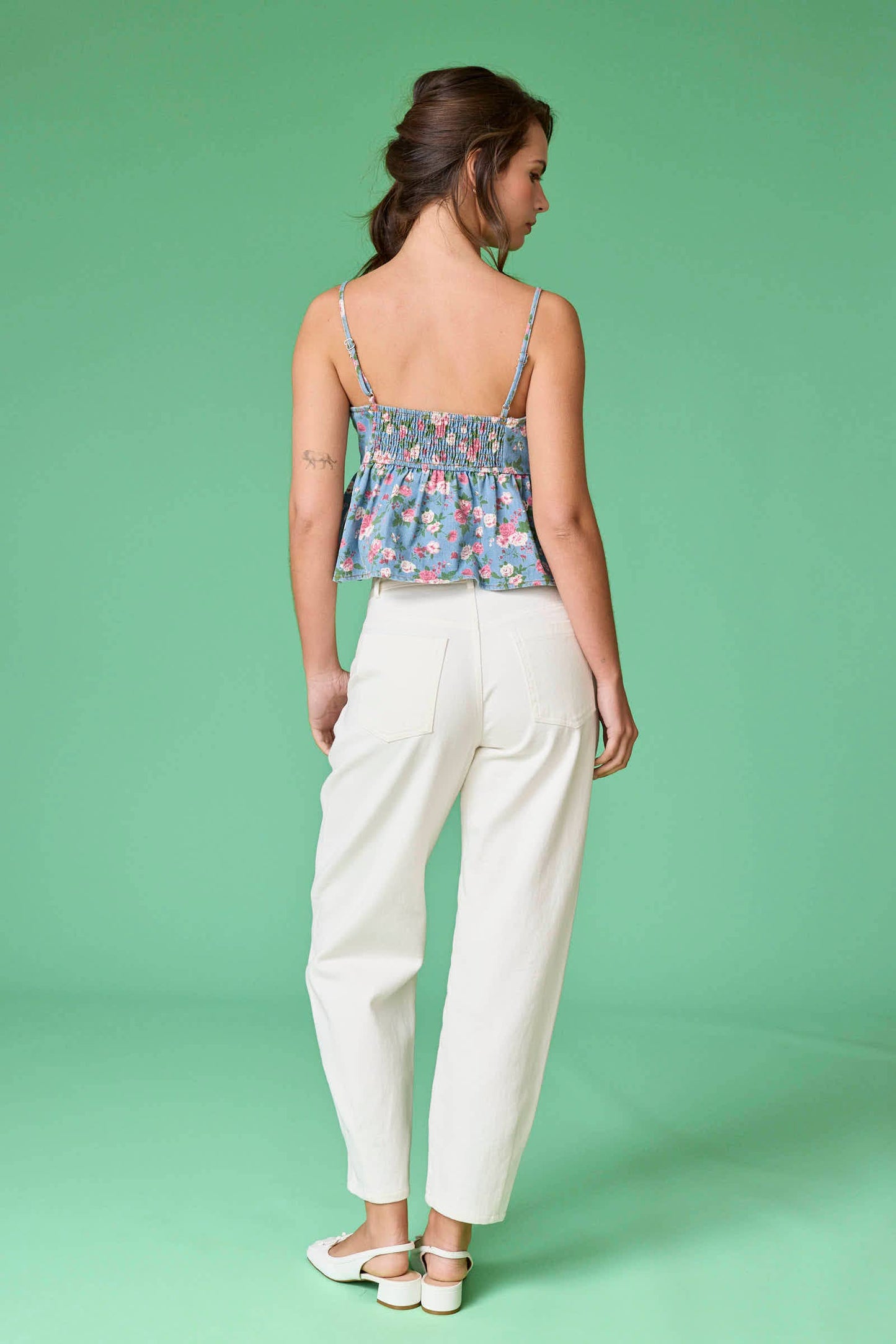 Audrey Printed Denim Bow Top