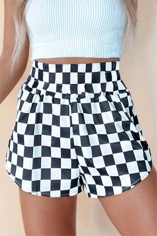 Checkered Print High Waist Casual Shorts: Black / Missy / S