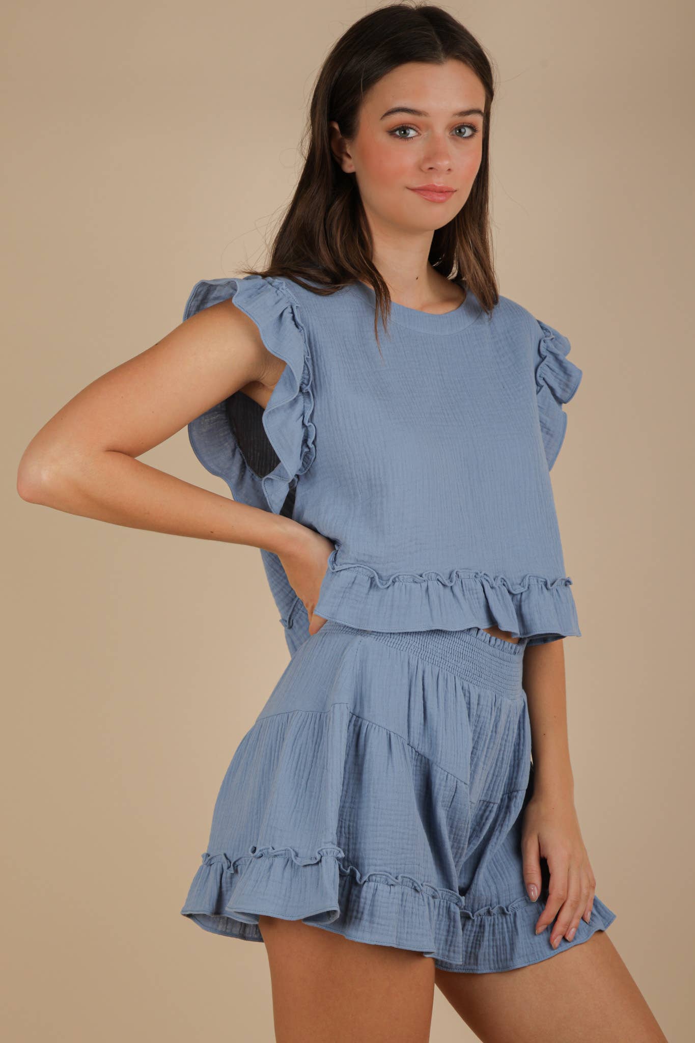 Ruffled Solid Woven Top & Shorts Set