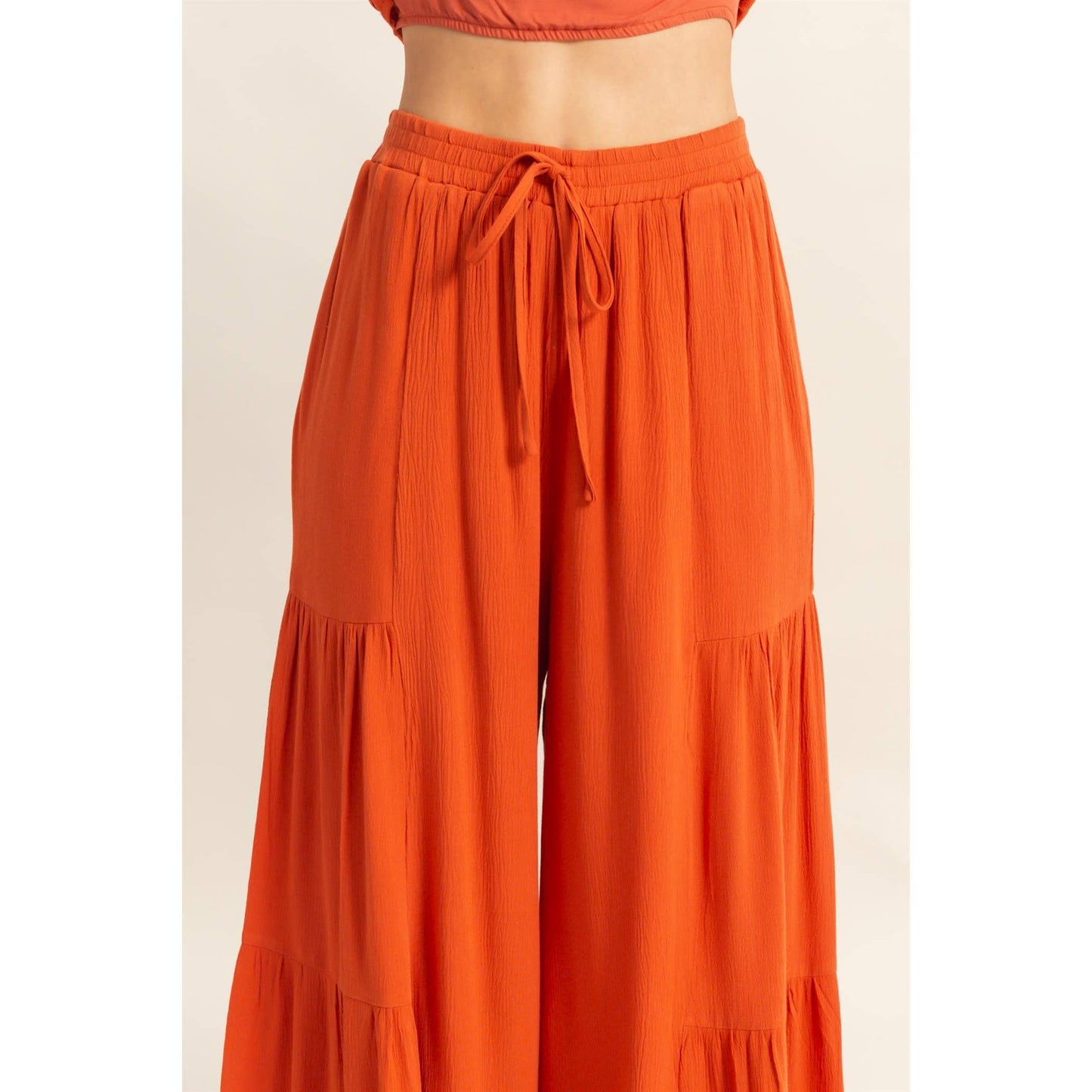 Ruffle Top Flowy Pants Set: RUST