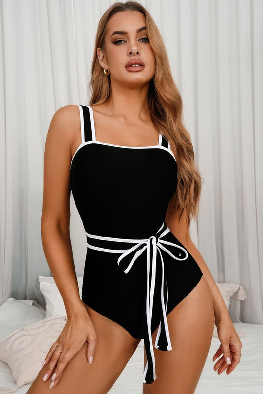 Colorblock Edge Belted High Waist One Piece Swimsuit: Black / Missy / L