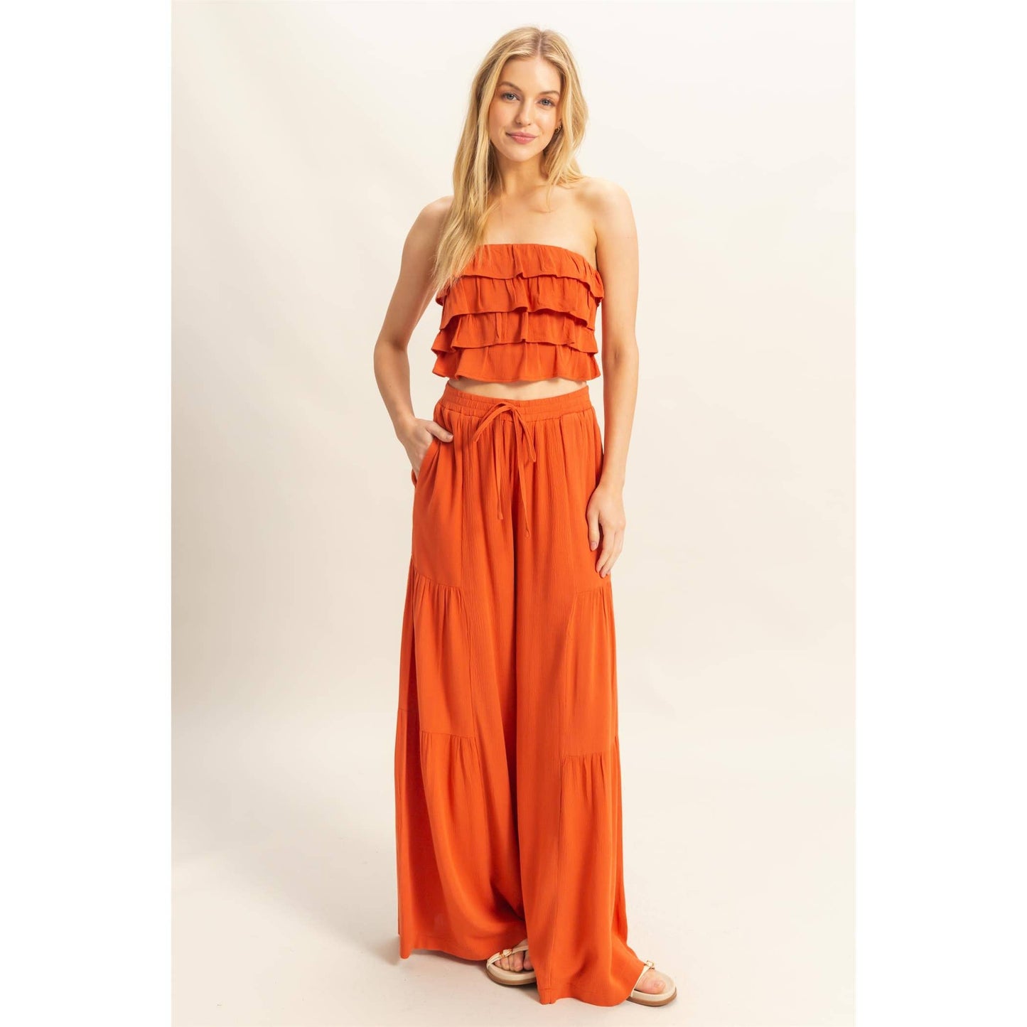 Ruffle Top Flowy Pants Set: RUST